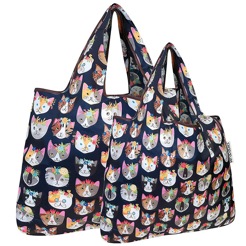 Wrapables Large & Small Foldable Tote Nylon Reusable Grocery Bags, Set of 2, Crazy Cats Image