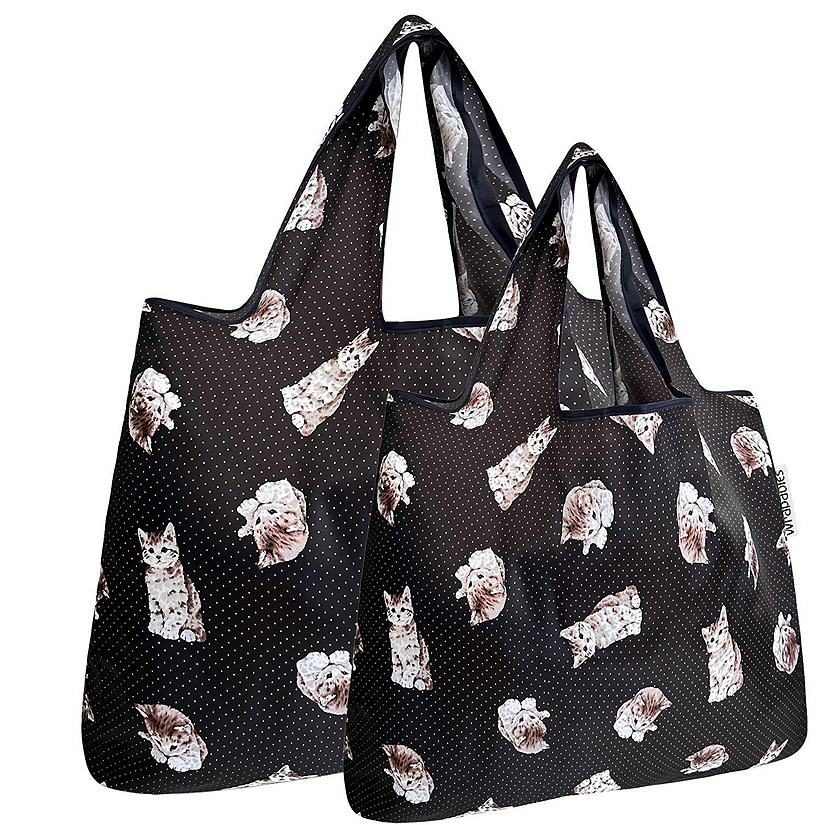Wrapables Large & Small Foldable Tote Nylon Reusable Grocery Bags, Set of 2, Cute Kitty Image