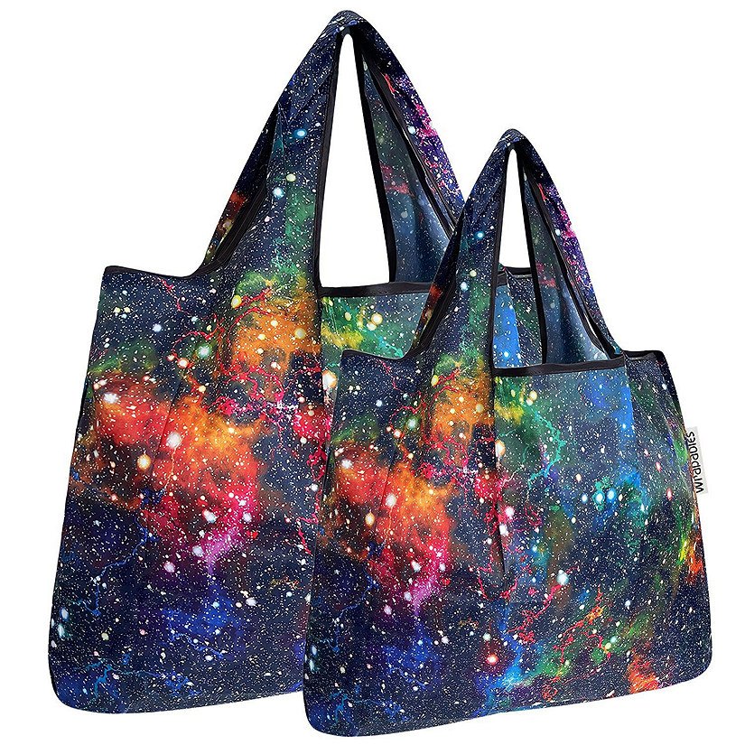 Wrapables Large & Small Foldable Tote Nylon Reusable Grocery Bags, Set of 2, Galaxy Image