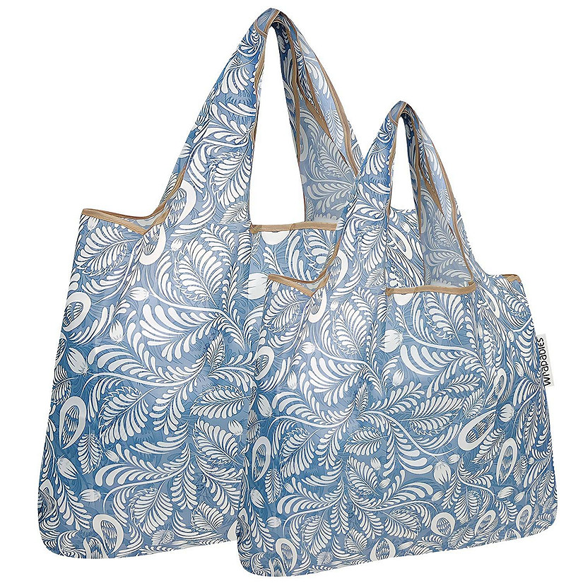 Wrapables Large & Small Foldable Tote Nylon Reusable Grocery Bags, Set of 2, Gray Ferns Image