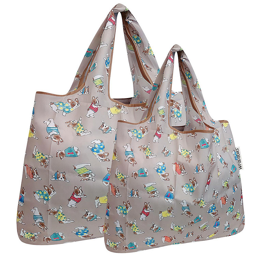 Wrapables Large & Small Foldable Tote Nylon Reusable Grocery Bags, Set of 2, Gray French Bulldogs Image