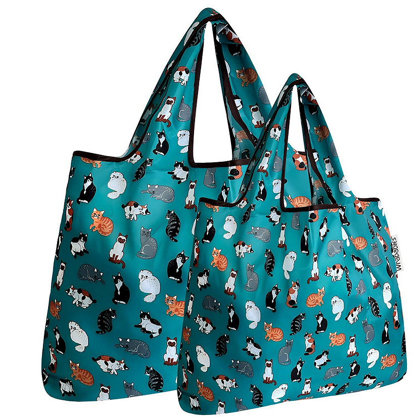 Wrapables Large & Small Foldable Tote Nylon Reusable Grocery Bags, Set of 2, Kitties Everywhere Image