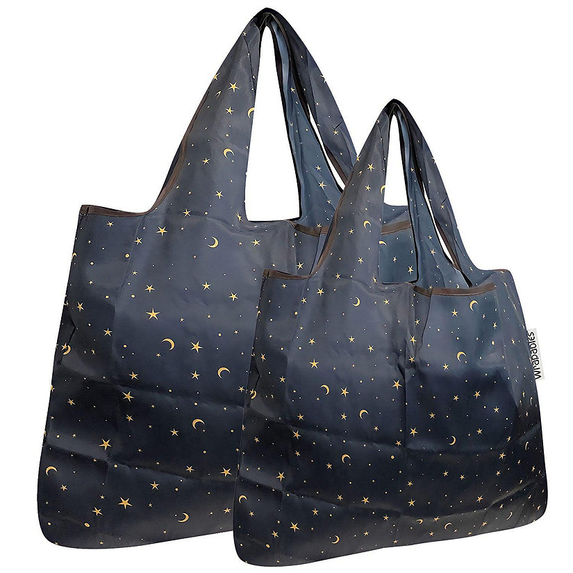 Wrapables Large & Small Foldable Tote Nylon Reusable Grocery Bags, Set of 2, Moon & Stars Image