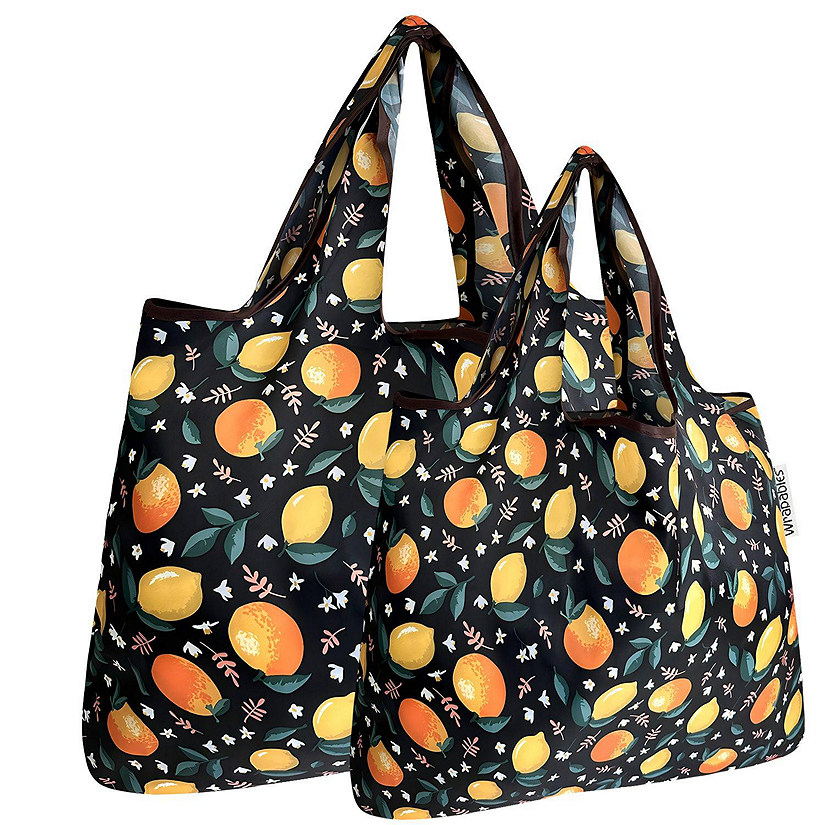 Wrapables Large & Small Foldable Tote Nylon Reusable Grocery Bags, Set of 2, Oranges & Lemons Image