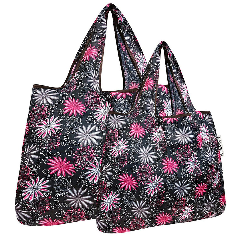 Wrapables Large & Small Foldable Tote Nylon Reusable Grocery Bags, Set of 2, Pink in Bloom Image