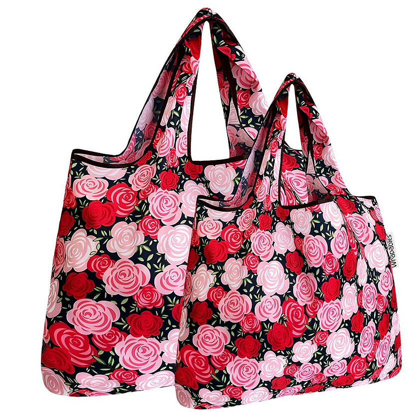 Wrapables Large & Small Foldable Tote Nylon Reusable Grocery Bags, Set of 2, Pink Roses Image