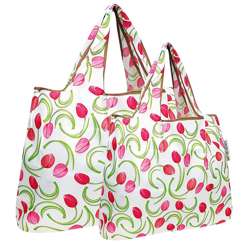 Wrapables Large & Small Foldable Tote Nylon Reusable Grocery Bags, Set of 2, Pink Tulips Image
