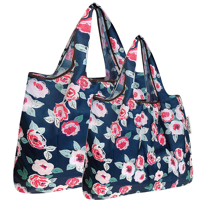 Wrapables Large & Small Foldable Tote Nylon Reusable Grocery Bags, Set of 2, Rose Floral Image