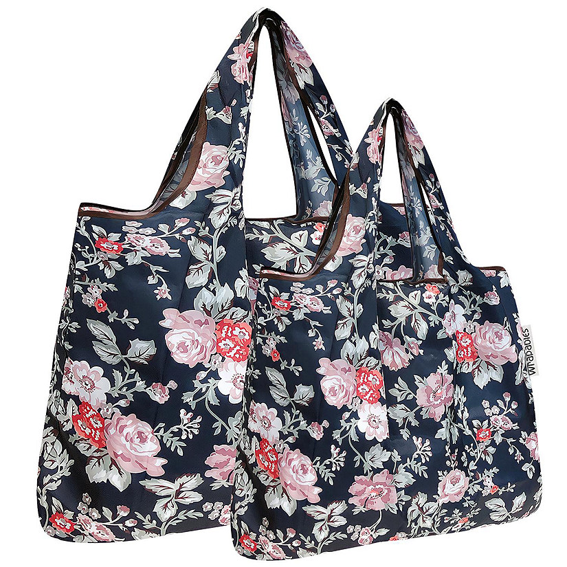 Wrapables Large & Small Foldable Tote Nylon Reusable Grocery Bags, Set of 2, Rose Vines Image