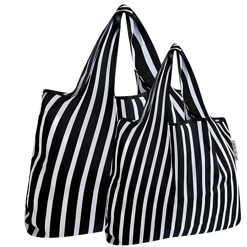 Wrapables Large & Small Foldable Tote Nylon Reusable Grocery Bags, Set of 2, Stripes Image