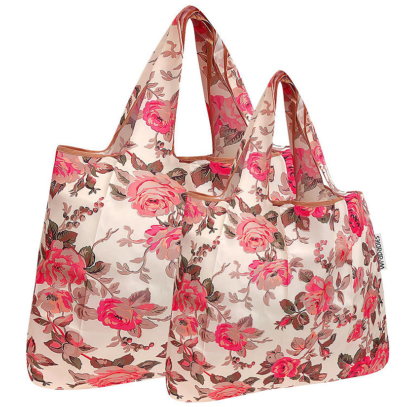 Wrapables Large & Small Foldable Tote Nylon Reusable Grocery Bags, Set of 2, Sunset Roses Image