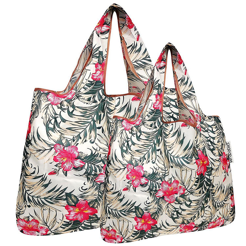 Wrapables Large & Small Foldable Tote Nylon Reusable Grocery Bags, Set of 2, Tropica Pink Floral Image