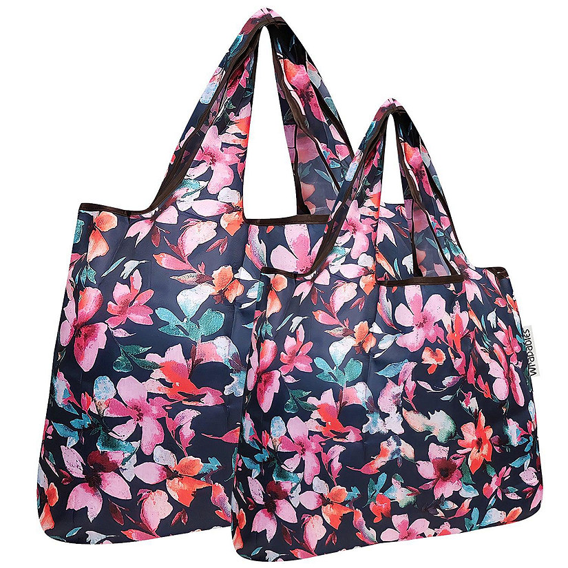Wrapables Large & Small Foldable Tote Nylon Reusable Grocery Bags, Set of 2, Tropical Flowers Image
