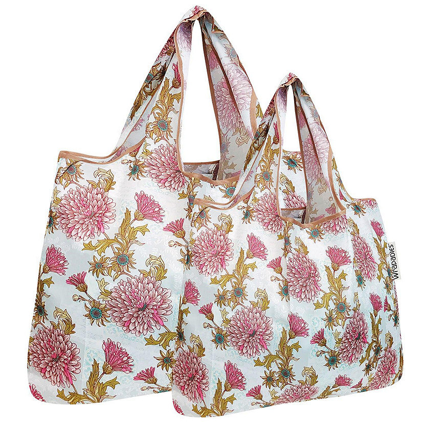 Wrapables Large & Small Foldable Tote Nylon Reusable Grocery Bags, Set of 2, Vintage Chrysanthemums Image