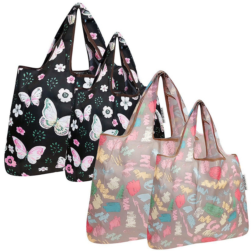 Wrapables Large & Small Foldable Tote Nylon Reusable Grocery Bags, Set of 4, Butterflies & Doodles Image