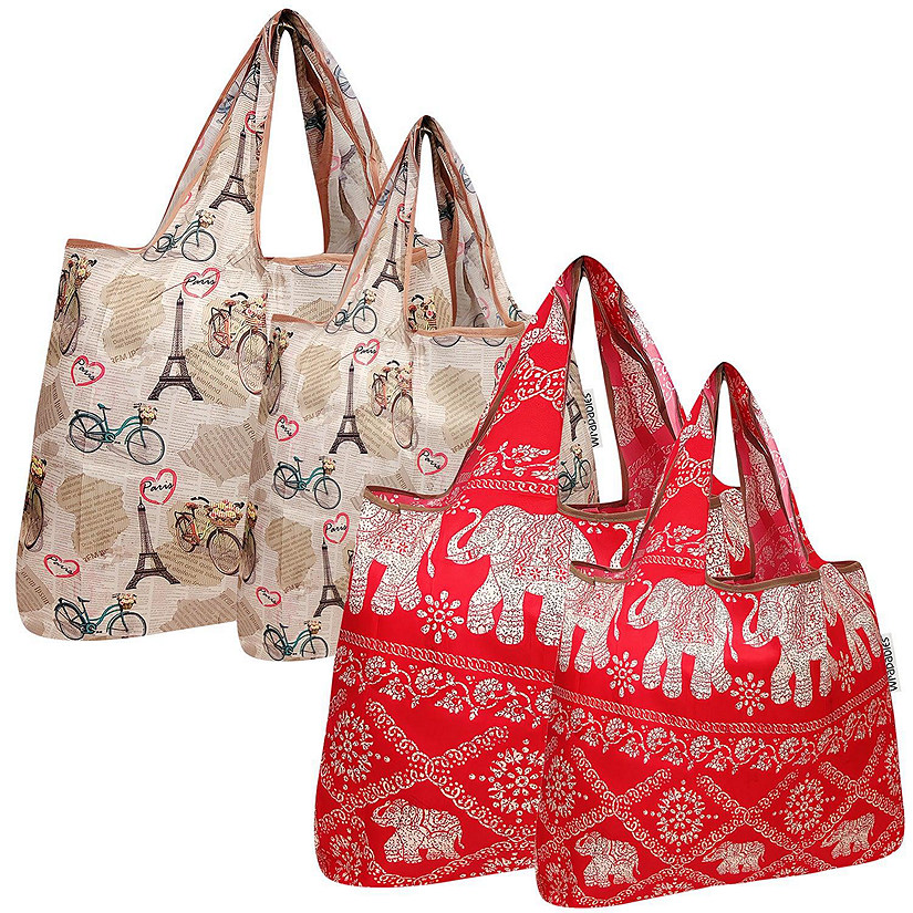 Wrapables Large & Small Foldable Tote Nylon Reusable Grocery Bags, Set of 4, Elephants & Paris Image