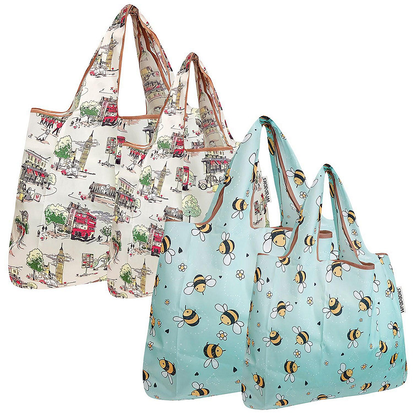 Wrapables Large & Small Foldable Tote Nylon Reusable Grocery Bags, Set of 4, England & Bees Image