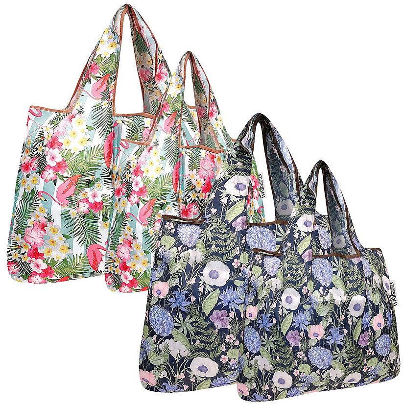 Wrapables Large & Small Foldable Tote Nylon Reusable Grocery Bags, Set of 4, Lavender & Tropical Flowers Image