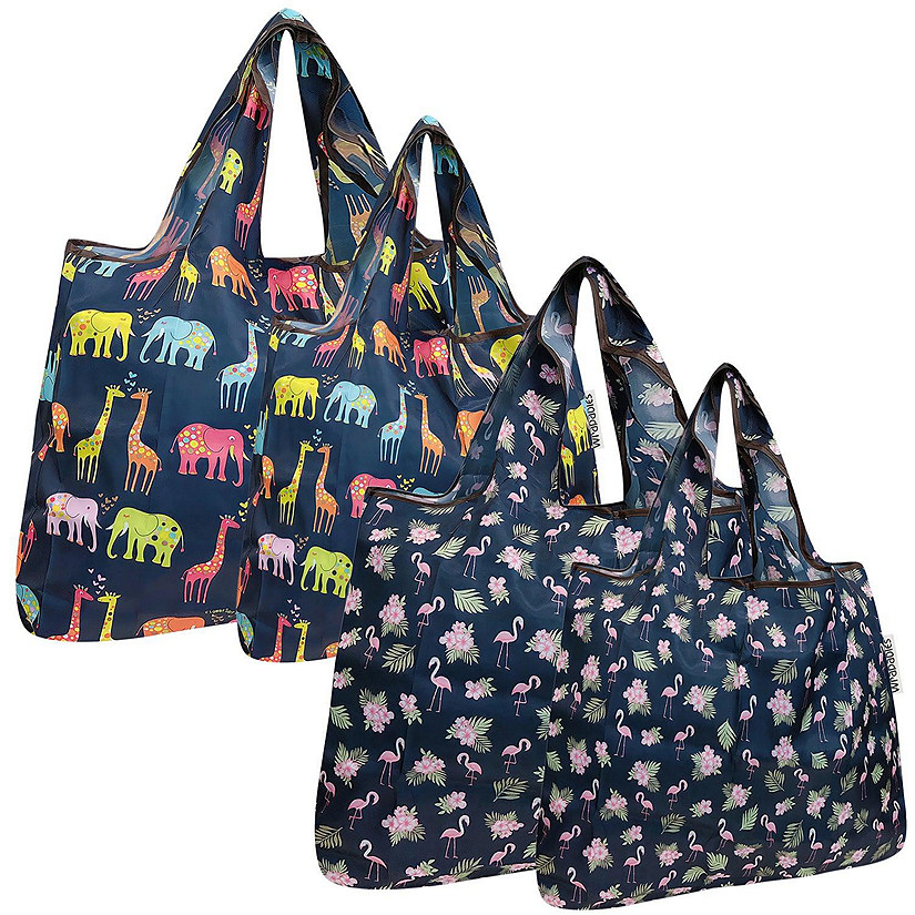Wrapables Large & Small Foldable Tote Nylon Reusable Grocery Bags, Set of 4, Love Animals Flamingo Image