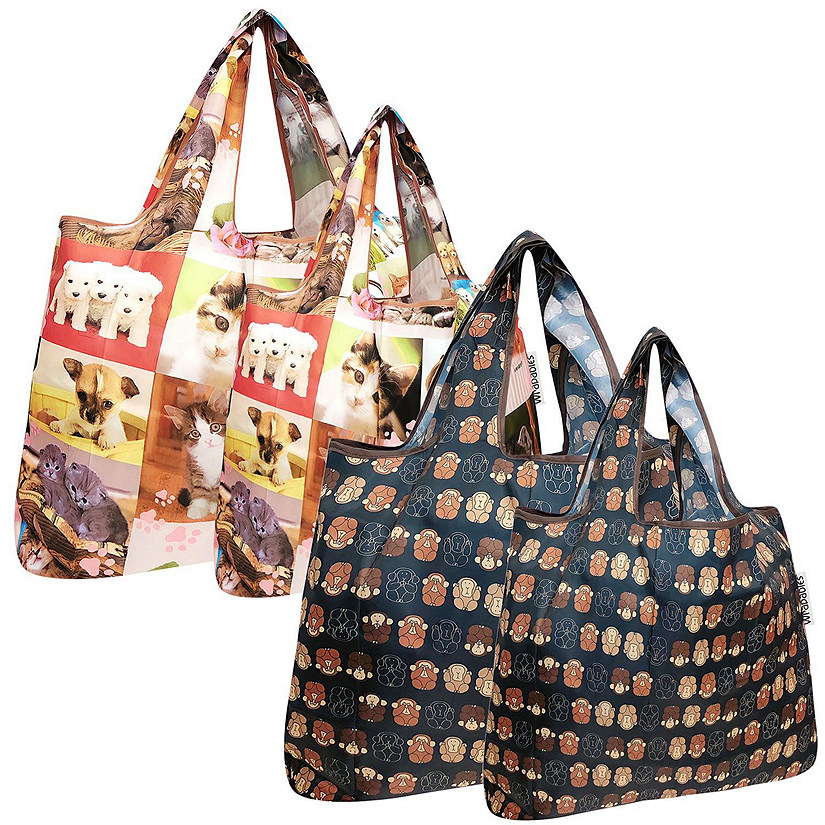 Wrapables Large & Small Foldable Tote Nylon Reusable Grocery Bags, Set of 4, Monkeys, Cats & Dogs Image