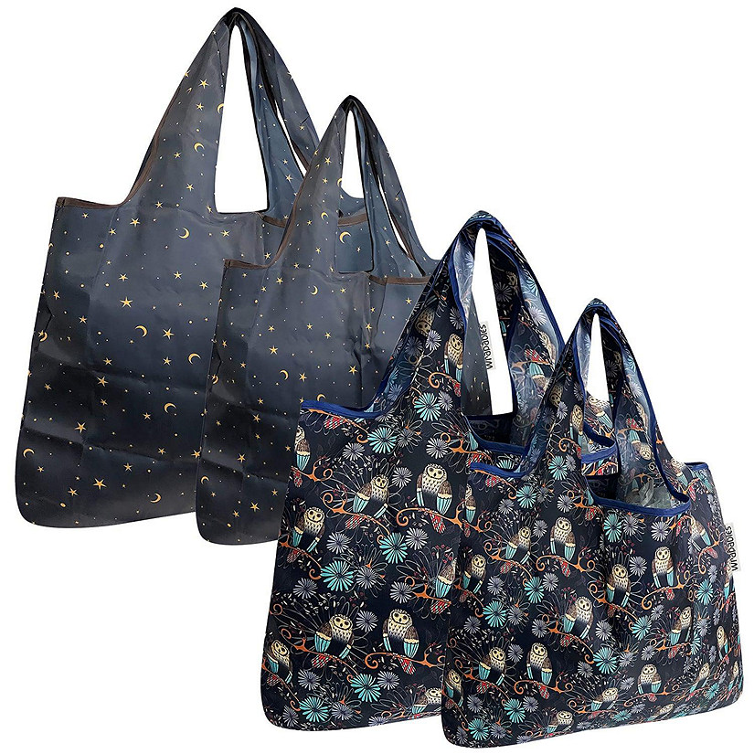 Wrapables Large & Small Foldable Tote Nylon Reusable Grocery Bags, Set of 4, Moon, Stars & Owls Image