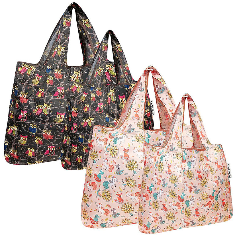 Wrapables Large & Small Foldable Tote Nylon Reusable Grocery Bags, Set of 4, Owls & Fantastic Creatures Image