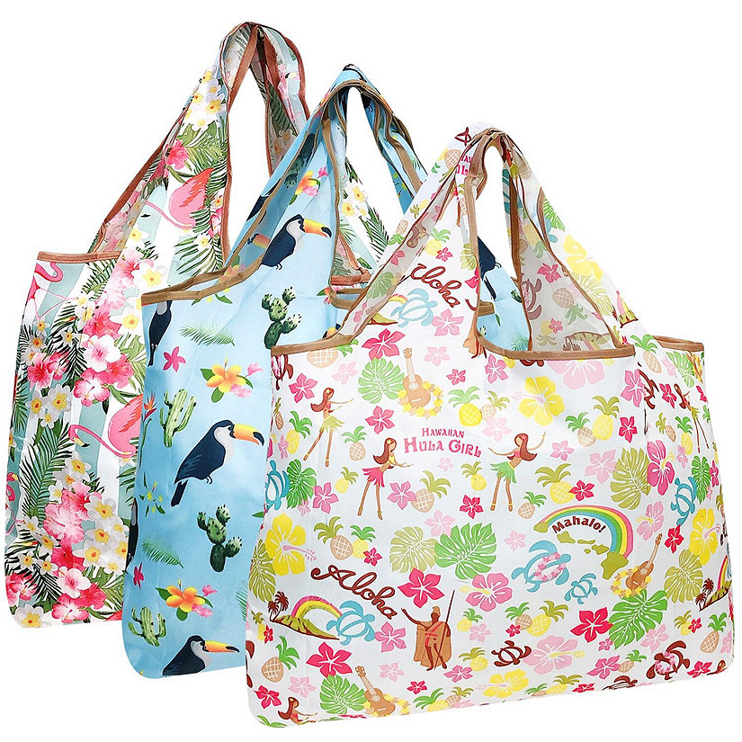 Wrapables Large Foldable Tote Nylon Reusable Grocery Bag, 3 Pack, Aloha Image