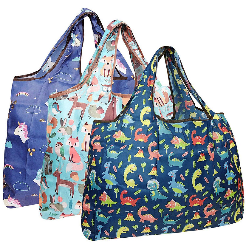 Wrapables Large Foldable Tote Nylon Reusable Grocery Bag, 3 Pack, Amazing Animals Image