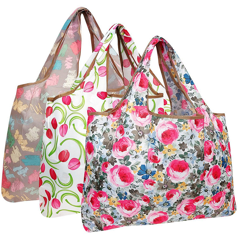 Wrapables Large Foldable Tote Nylon Reusable Grocery Bag, 3 Pack, Floral Brights Image