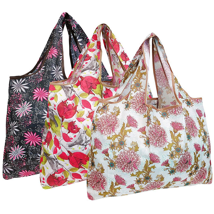 Wrapables Large Foldable Tote Nylon Reusable Grocery Bag, 3 Pack, Pink Floral Bloom Image