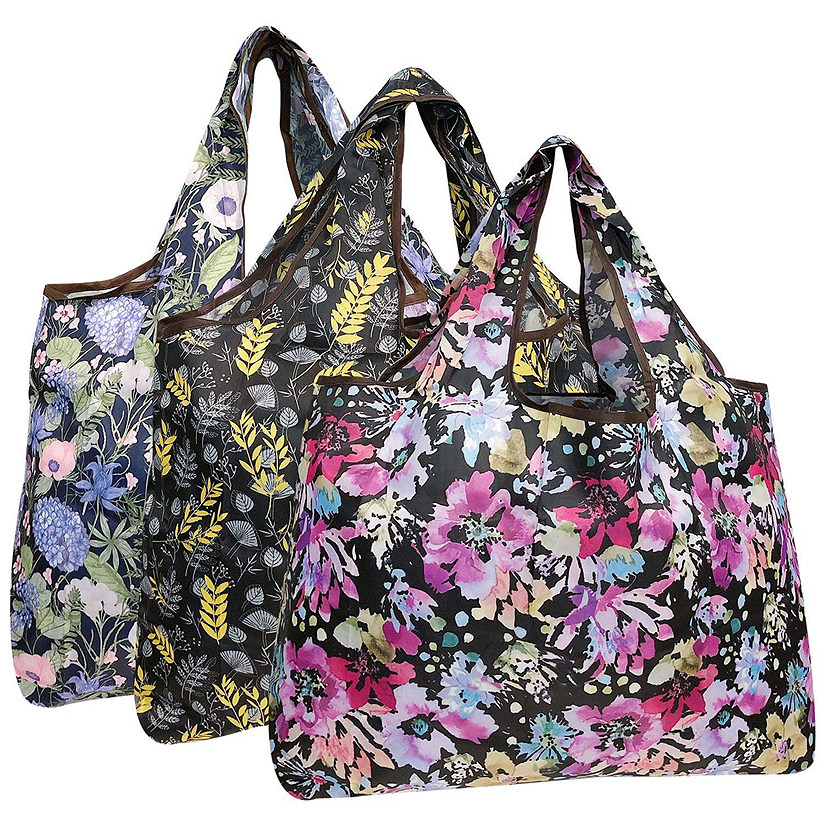 Wrapables Large Foldable Tote Nylon Reusable Grocery Bag, 3 Pack, Spring Bouquet Image