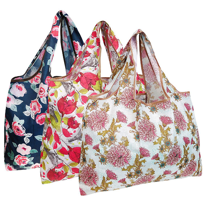 Wrapables Large Foldable Tote Nylon Reusable Grocery Bag, 3 Pack, Vintage Bloom Image