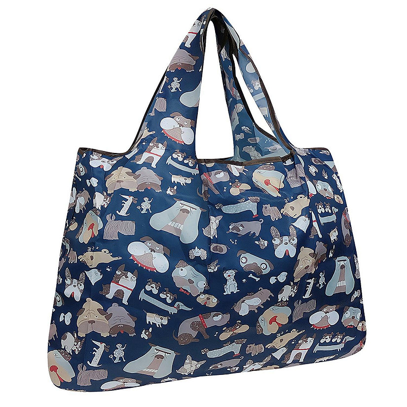 Wrapables Large Foldable Tote Nylon Reusable Grocery Bag, Navy Dogs Image