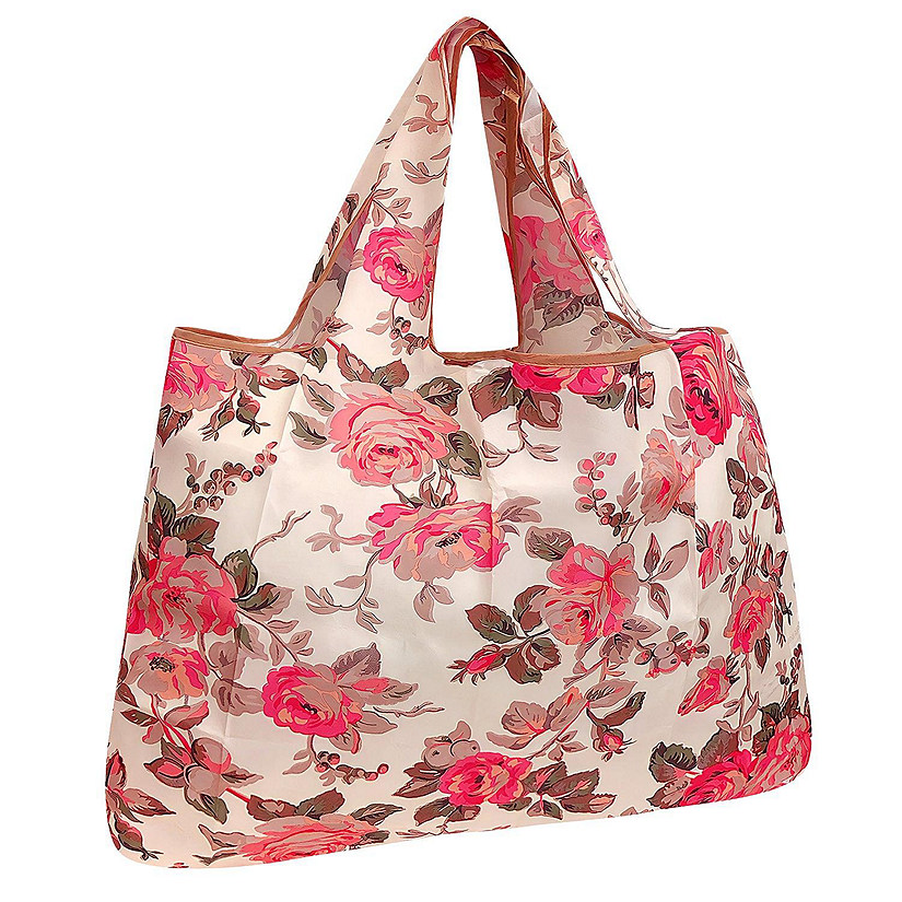 Wrapables Large Foldable Tote Nylon Reusable Grocery Bag, Pink & Khaki Roses Image