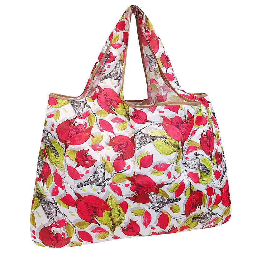 Wrapables Large Foldable Tote Nylon Reusable Grocery Bag, Red Floral with Gray Birds Image