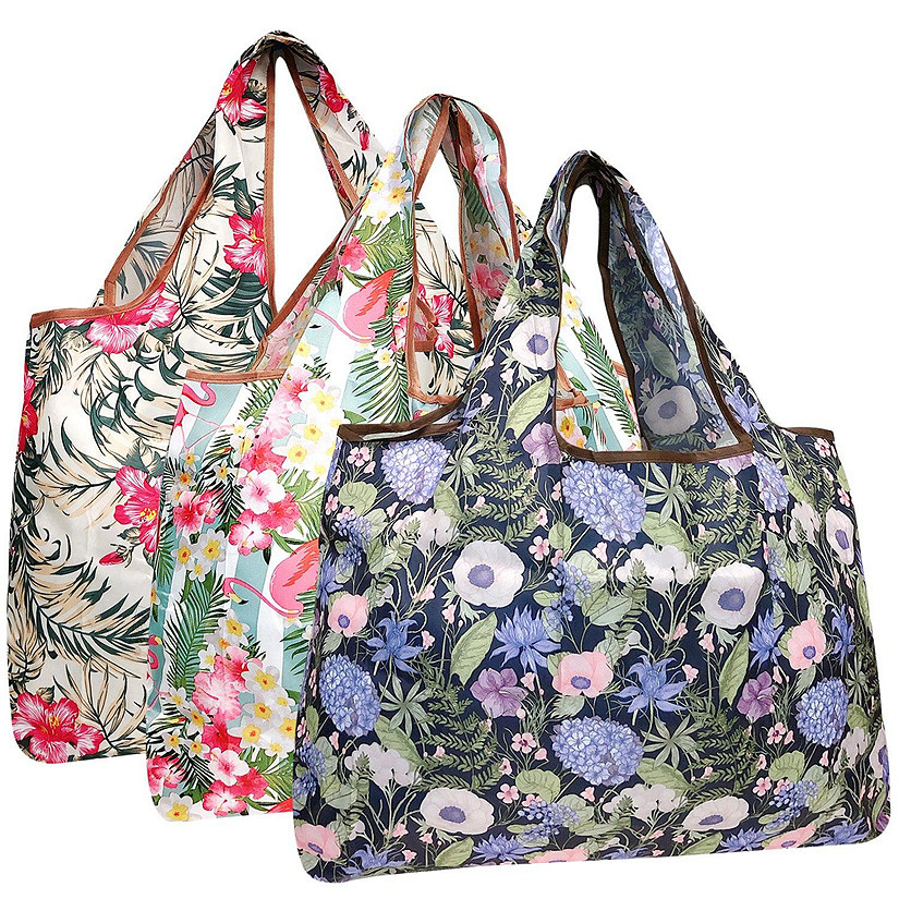 Wrapables Large Foldable Tote Nylon Reusable Grocery Bags, 3 Pack, Exotic Bouquet Image