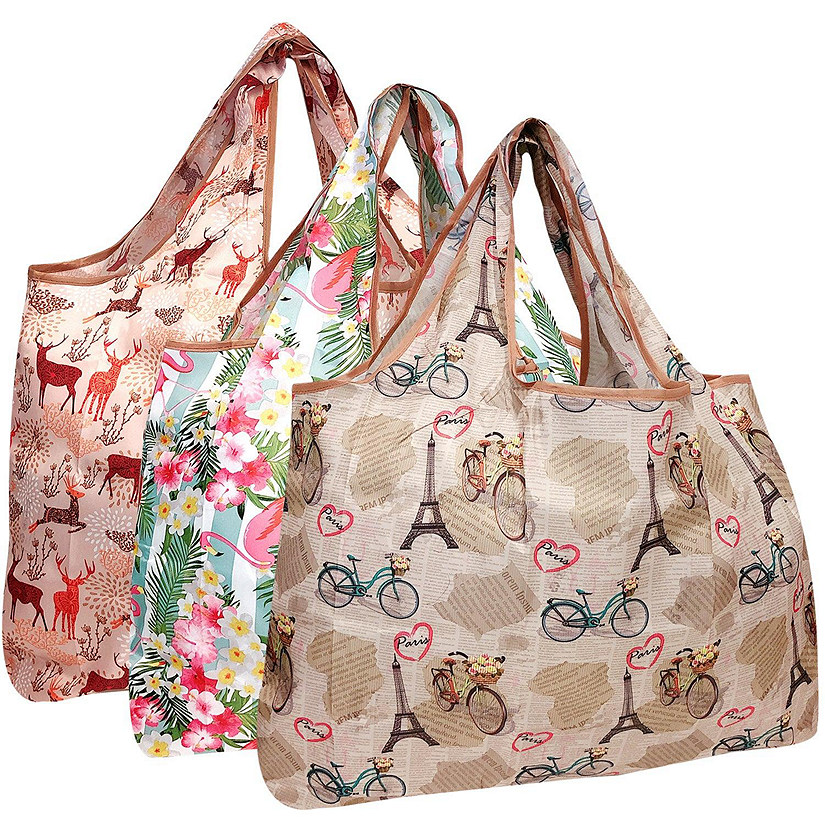 Wrapables Large Foldable Tote Nylon Reusable Grocery Bags, 3 Pack, Flamingos, Deer, Paris Image