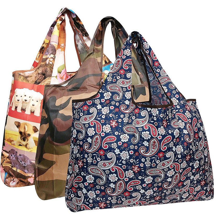 Wrapables Large Foldable Tote Nylon Reusable Grocery Bags, 3 Pack, Pets, Camo, Paisley Image