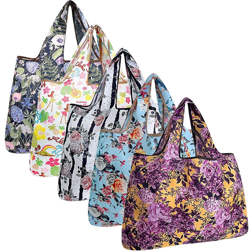 Wrapables Large Foldable Tote Nylon Reusable Grocery Bags, 5 Pack, Exotic Bloom Image