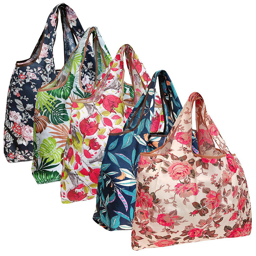 Wrapables Large Foldable Tote Nylon Reusable Grocery Bags, 5 Pack, Flowers & Ferns Image