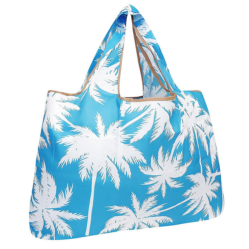 Wrapables Large Foldable Tote Nylon Reusable Grocery Bags, Palm Trees in Blue Image