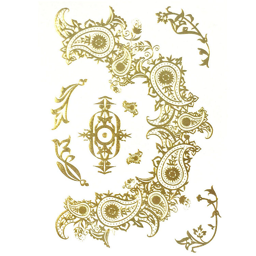 Wrapables Large Metallic Gold Silver and Black Body Art Temporary Tattoos, Boteh Motif Image