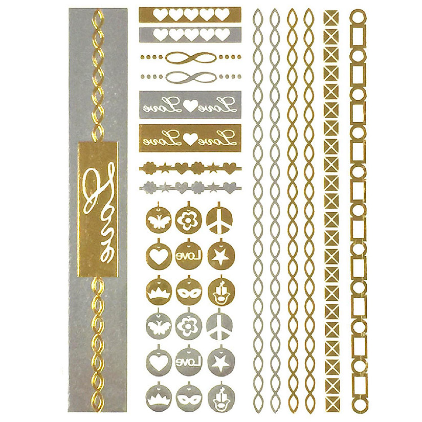 Wrapables Large Metallic Gold Silver and Black Body Art Temporary Tattoos, Braceclets With Charms Image