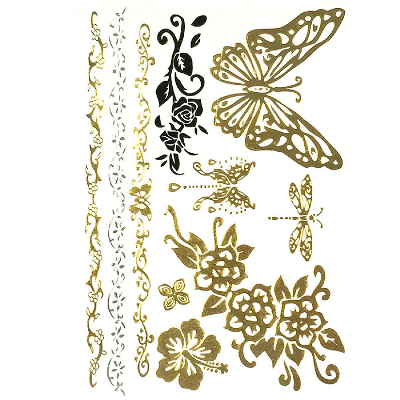 Wrapables Large Metallic Gold Silver and Black Body Art Temporary Tattoos, Dragonfly & Butterfly Image