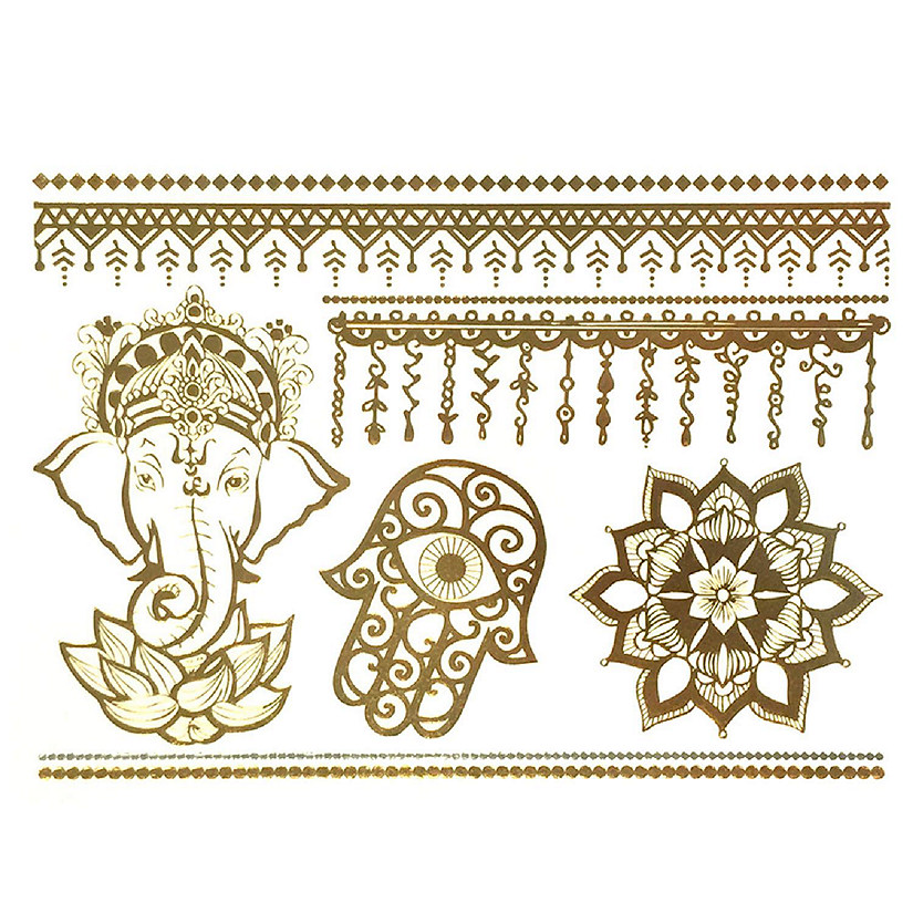 Wrapables Large Metallic Gold Silver and Black Body Art Temporary Tattoos, Indian Motif Image