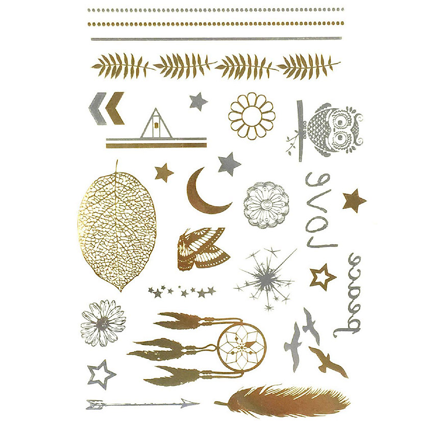 Wrapables Large Metallic Gold Silver and Black Body Art Temporary Tattoos, Moon, Stars, Dream-catcher Image