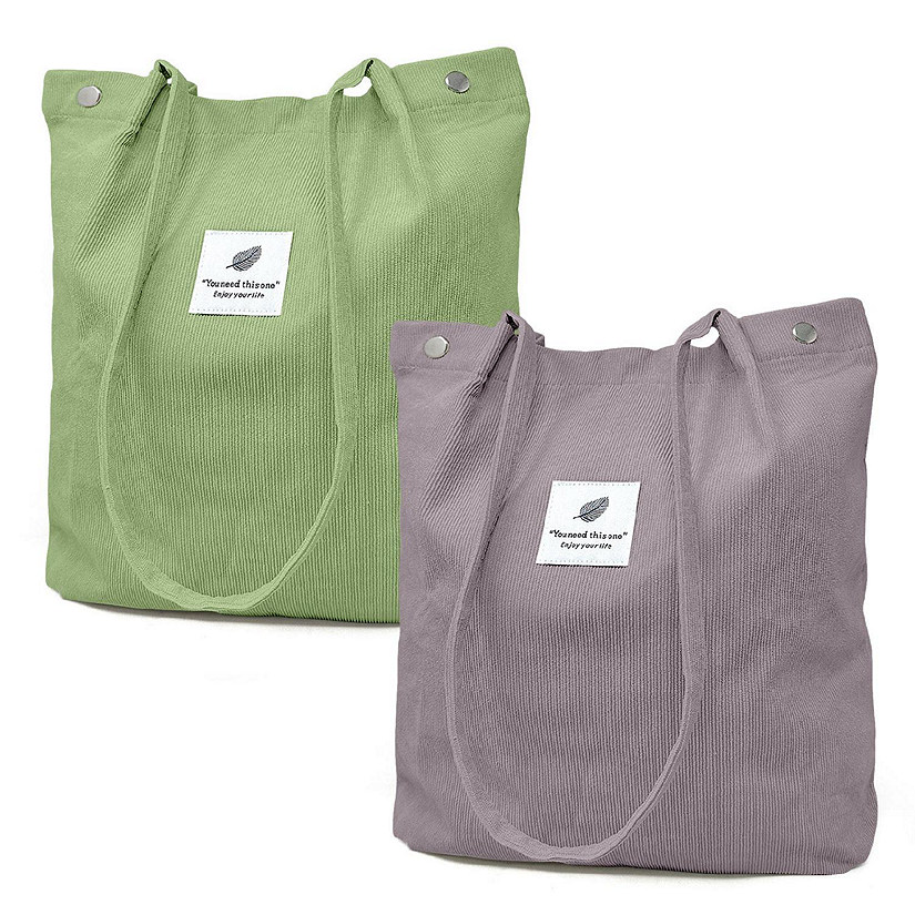 Wrapables Light Green/Lavender Corduroy Tote Bag, Casual Everyday Shoulder Handbag, 2pcs Image