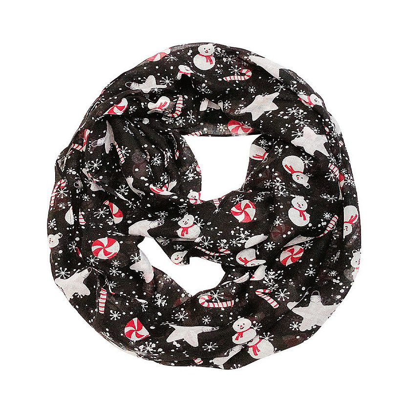 Wrapables Lightweight Winter Christmas Holiday Infinity Scarf, Snowman & Snowflakes Black Image