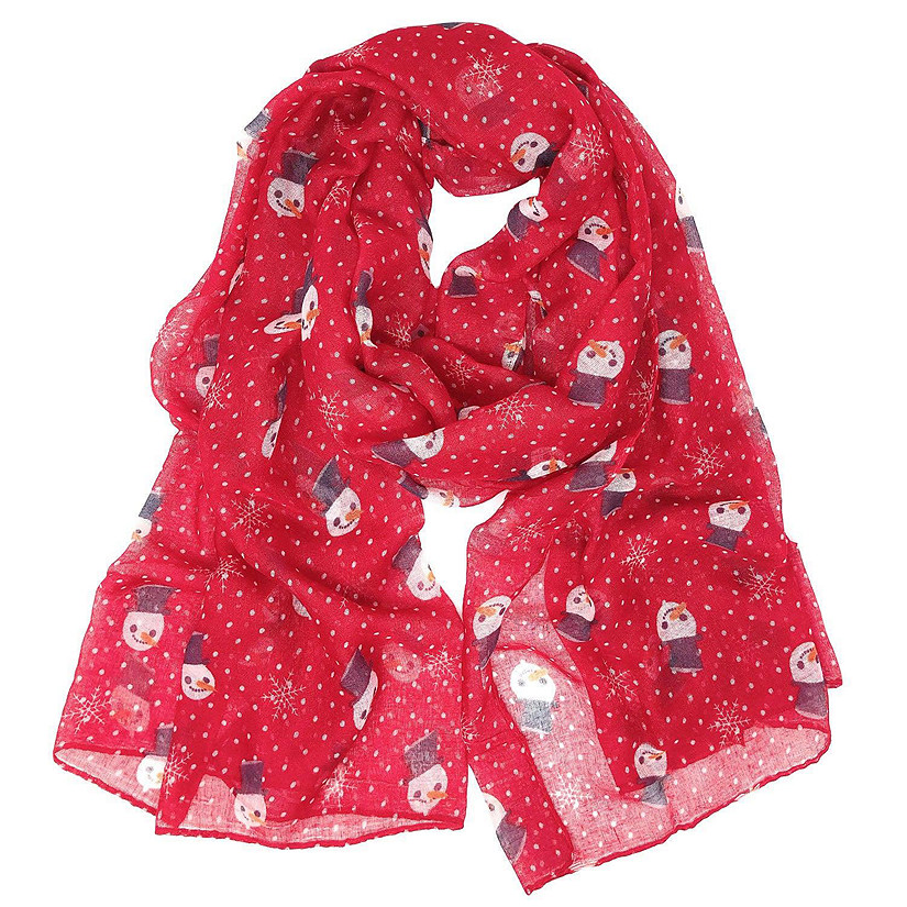 Wrapables Lightweight Winter Christmas Holiday Long Scarf, Snowman & Snowflakes Red Image