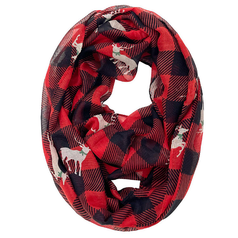 Wrapables Lightweight Winter Christmas Holiday Scarf, Reindeer Plaid Red Image
